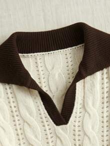 Linhara CURVE Plus Size Women's Solid Color Knit Pullover Sweater With Contrast Ribbed V-Neck, Minimalist Casual Style For Autumn/Winter Daily Commute - Beige - View 6