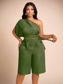 Brilight Elegant Spring/Summer Women's Commute And Casual Wear: Two Pieces Set Of Adjustable Pleated Off-Shoulder Top And Capri Pants. Suitable For Vacation. - Green - View 3
