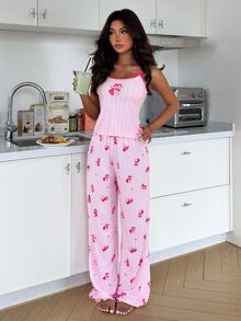 ZzzCrew My Little Pony X SHEIN Women's Cartoon Print Bow Decor Camisole Top And Long Pants Pajama Set - Baby Pink - View 1