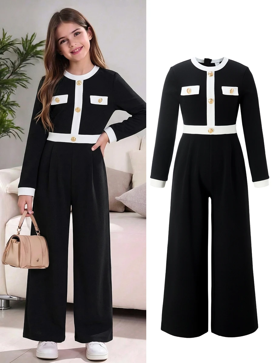Tween Girl Fall Clothes Autumn/Winter Elegant Button Decor Round Neck Long Sleeve Cinched Waist Jumpsuit For Daily Wear, Outings, Parties And Banquets - Black - View 1