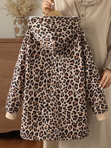 SHEIN 女童連帽厚抓絨復古豹紋滿版中長版夾克，適合秋冬、假期與旅行 - 棕色 - 查看 2