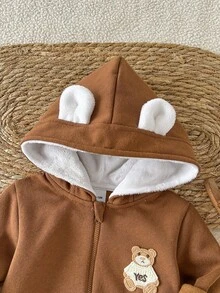SHEIN Baby Boy Cartoon Bear Patch Zipper Front Hooded Romper - Brown - View 7