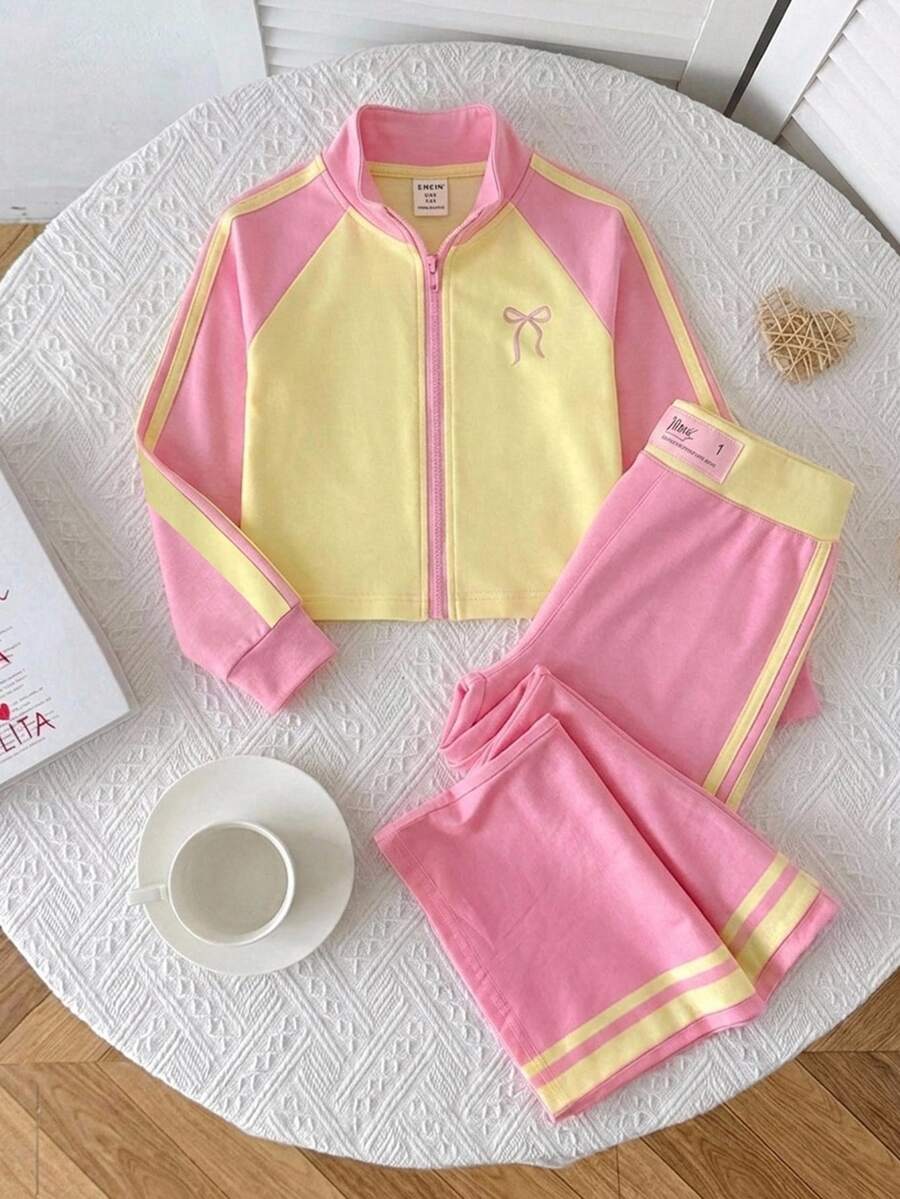 SHEIN Young Girl 針織拼色立領修身休閒開襟衫與修身休閒喇叭長褲 2件套 - 淺粉色 - 查看 1