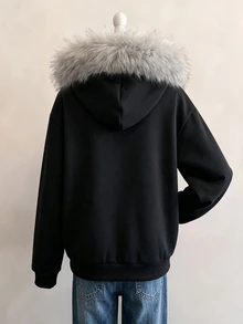 SHEIN 秋冬季青少年女孩連帽拉鍊外套 街頭風休閒圖案保暖針織面料 微寬鬆版型 校園街頭穿搭 黑色 - 黑色 - 查看 2
