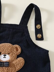 SHEIN 2件組男嬰秋冬休閒卡通熊拼接翻領長袖套頭運動衫與吊帶長褲套裝，可愛小熊套裝，嬰幼兒套裝 - 彩色 - 查看 5