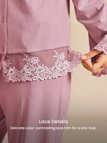 LUVLETTE Fall Soft Pink 100% Pure Cotton Luxurious Lace Trim Button-Up Top & Pants Loungewear Pajama Set For Pyjama Cotton Pajamas Graphic - Pink - View 6