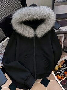 SHEIN 秋冬季青少年女孩連帽拉鍊外套 街頭風休閒圖案保暖針織面料 微寬鬆版型 校園街頭穿搭 黑色 - 黑色 - 查看 5