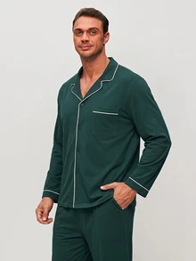 LUVLETTE Plus Size Fall Soft 100% Pure Cotton Sky Blue Basic Long Sleeve Button-Up Top & Pants Pajama Sets For Men Lounge With Pockets Pajamas Graphic - Dark Green - View 11