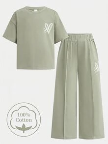 SHEIN 女童針織純色短袖圓領休閒愛心圖案T恤與長褲兩件套 - 綠色 - 查看 2