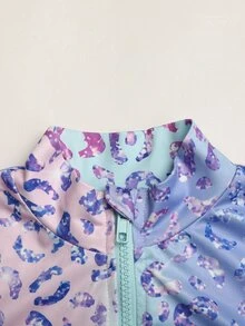 SHEIN 青少年女孩多色豹紋長袖高領拉鍊上衣背心短褲3件套 - 藍色 - 查看 6