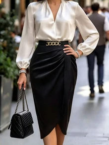 EMERY ROSE Plus Size Women's Fashion Elegant Sexy Gold Buckle Design Pleated Asymmetrical Hem Bodycon Skirt, All Season Fall - Black - View 3