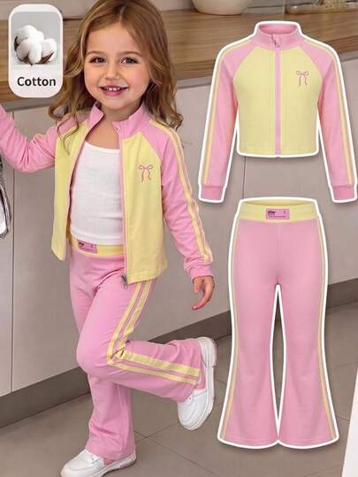 SHEIN Young Girl Young Girl Knit Colorblock Stand Collar Fitted Casual Cardigan And Fitted Casual Flared Long Pants 2 Pieces Set