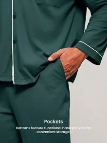 LUVLETTE Plus Size Fall Soft 100% Pure Cotton Sky Blue Basic Long Sleeve Button-Up Top & Pants Pajama Sets For Men Lounge With Pockets Pajamas Graphic - Dark Green - View 5