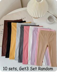 SHEIN 女童 3 件組 針織素色修身休閒內搭褲，舒適款，白色、粉色、黑色 - 彩色 - 查看 1
