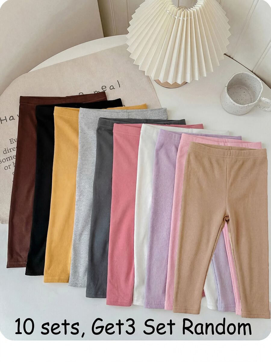 SHEIN 女童 3 件組 針織素色修身休閒內搭褲,舒適款,白色、粉色、黑色 - 彩色 - 查看 1