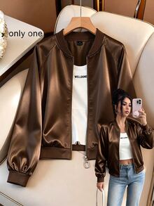 SHEIN LUNE Apricot Satin Baseball Jacket, Solid Color Without Print, Ribbed Baseball Collar, Long Sleeve With Ribbed Cuffs, Ribbed Elastic Waistband, Light Luxury Casual Style, Minimalist Commute Style, Suitable For Daily Commute, Casual Shopping, Short Trips, Inner Wear And Outer Wear - Brown - View 1