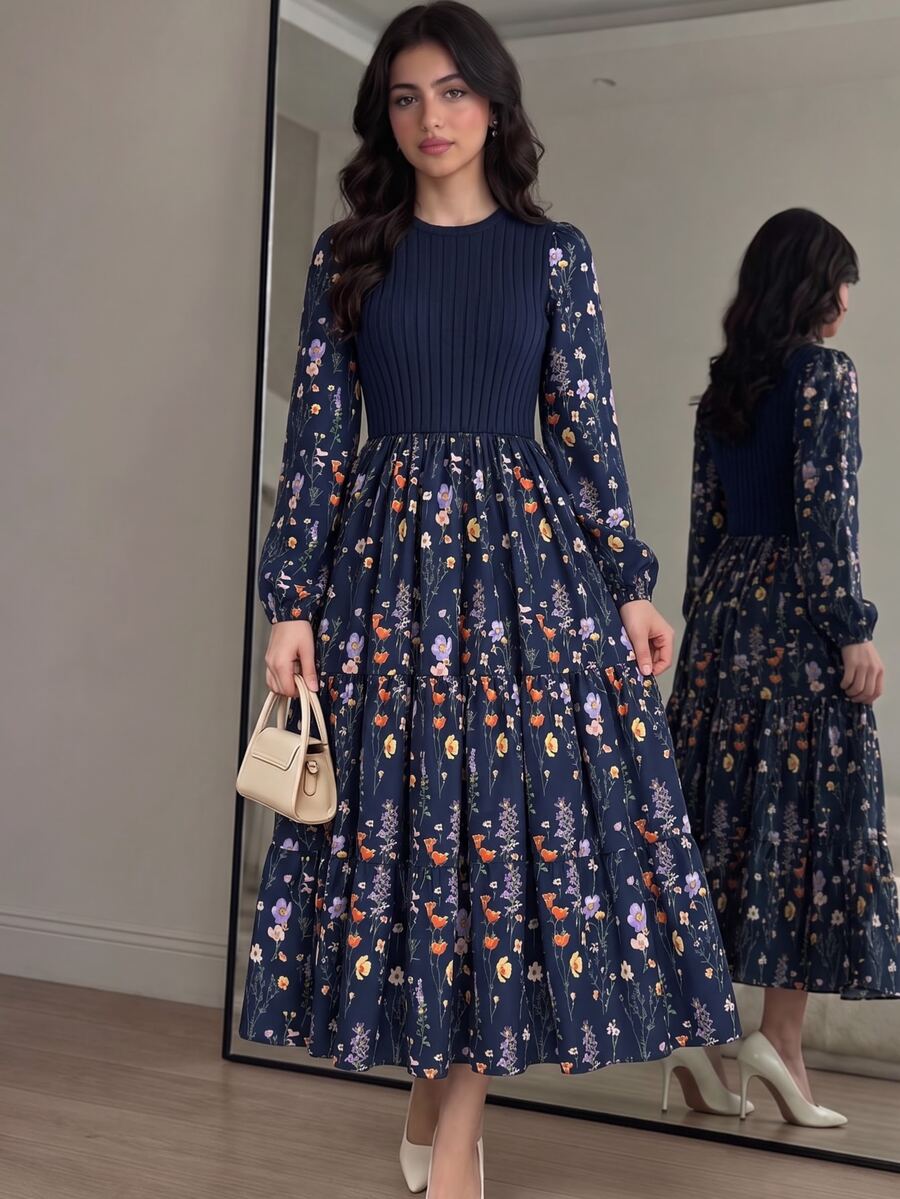 Teen Girls Fall Dresses Pastoral Style Navy Blue Patchwork Floral Long Sleeve Dress, Ribbed Waist, Puff Sleeves - Navy Blue - View 1