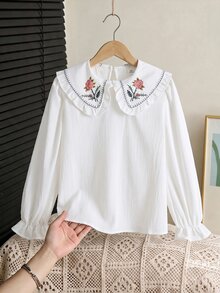 SHEIN 1件青少年女孩春秋泡泡長袖數位印花大翻領襯衫，版型俐落時尚 - 白色 - 查看 5