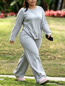 INAWLY Solva Plus Size Solid Color Top Pants 2 Pieces Set Homewear Evening Grey Fall Casual - Light Grey - View 5