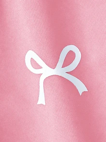 SHEIN Sparklyn 青少年女孩秋冬衛衣套裝，不對稱肩帶拼接露肩短版上衣配蝴蝶結印花 + 同款鬆緊腰直筒長褲，2件式休閒極簡風 - 粉色 - 查看 4