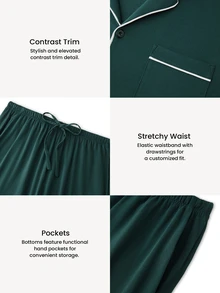 LUVLETTE Plus Size Fall Soft 100% Pure Cotton Sky Blue Basic Long Sleeve Button-Up Top & Pants Pajama Sets For Men Lounge With Pockets Pajamas Graphic - Dark Green - View 3