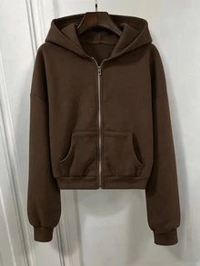 SHEIN 青少年女孩秋季棕色拉鍊前開式落肩長袖寬鬆休閒可愛連帽衛衣外套 抓絨內裡 基本款 感恩節 - 棕色 - 查看 4