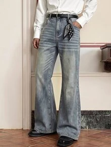 SWAVVY Men's Casual Washed Wide Leg Jeans - Baby Blue - View 1