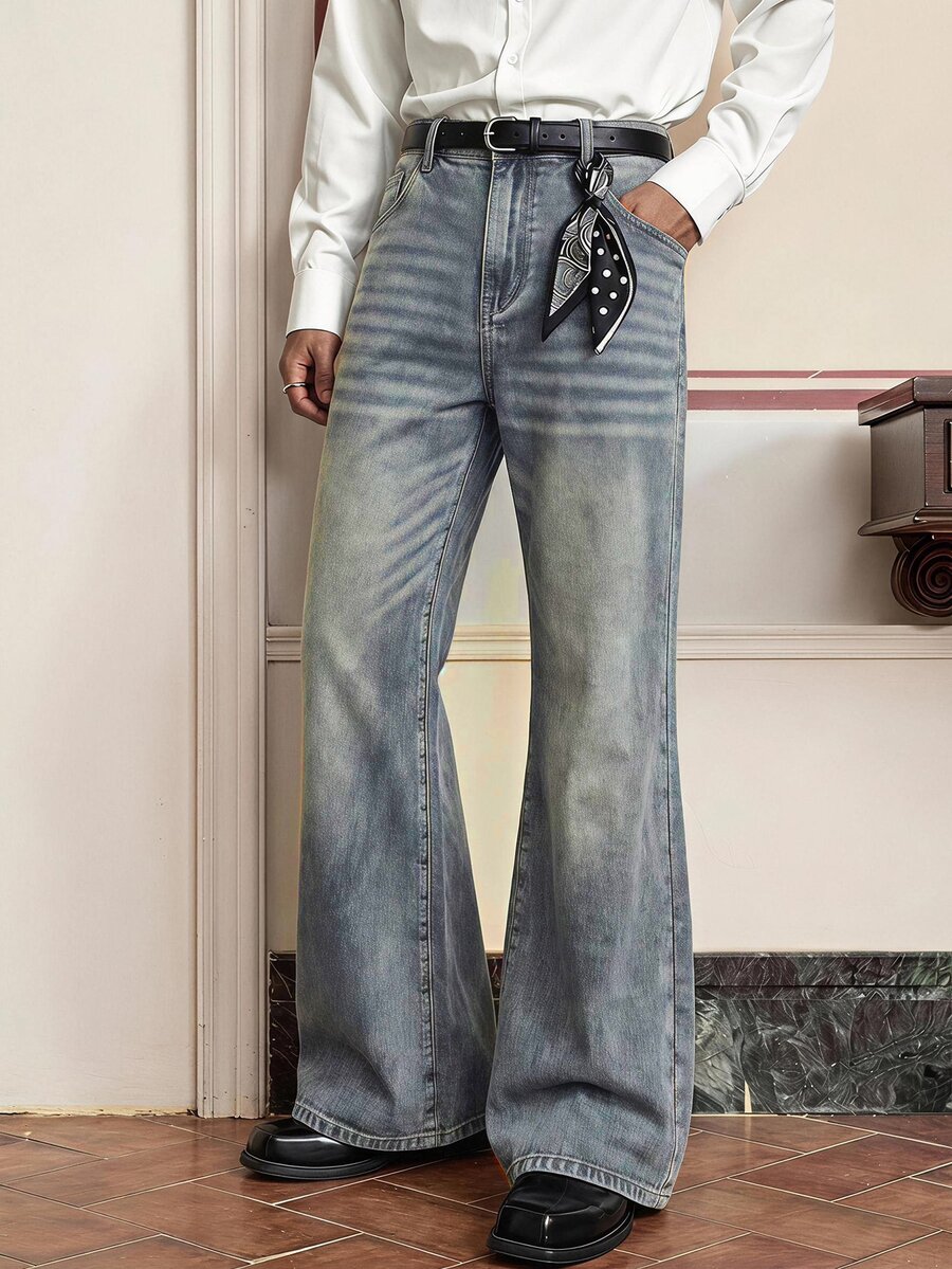 SWAVVY Men's Casual Washed Wide Leg Jeans - Baby Blue - View 1