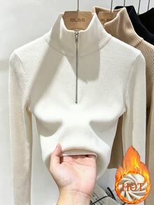 SHEIN Franclia ملابس علوية بلون موحد بسحاب نصفي وياقة واقفة محبوكة مضلعة بخصر ضيق وأكمام طويلة، قطعة أساسية بطراز كوري بسيط للربيع والخريف، تي شيرت نحيف ومجمل للجسم - أبيض - مشاهدة 1