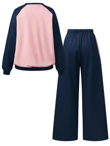 SHEIN Sparklyn Teen Girls Fall Outfits Fall Pink & Burgundy Colorblock Raglan Sleeve Crew Neck Sweatshirt And Side Stripe Wide Leg Sweatpants 2 Pieces Set - Multicolor - View 2