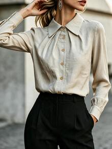 SHEIN ملابس علوية طويل الأكمام بياقة وأزرار أمامية مطوية بأسلوب فرنسي للخريف المبكر، ملابس علوية كاجوال بأكمام طويلة وفتحة مطوية بصف واحد من الأزرار - كاكي - مشاهدة 1