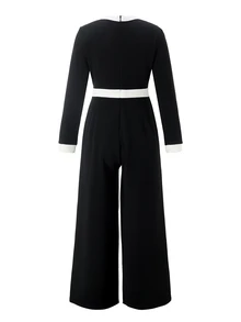 Tween Girl Fall Clothes Autumn/Winter Elegant Button Decor Round Neck Long Sleeve Cinched Waist Jumpsuit For Daily Wear, Outings, Parties And Banquets - Black - View 2