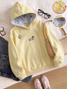 SHEIN 1件女孩軟萌甜美風粉色連帽衛衣，長袖，抓絨，秋季服飾，柔軟面料，寬鬆版型，舒適 - 黃色 - 查看 3