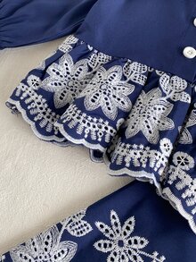 SHEIN Playful Pals 女嬰可愛娃娃風大領口前開襟刺繡下擺鬆緊腰刺繡袖口長袖長褲套裝 春秋款 - 寶藍色 - 查看 4