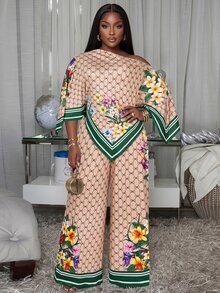 Poshavie Poshavie Plus Size Floral Geo Print Asymmetrical Top & Wide Leg Pants Set, Striped Trim Loose Two Pieces Outfit - Khaki - View 3