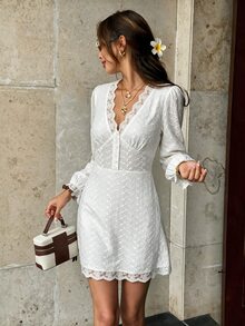 SHEIN PariChic French Eyelet Embroidery White Mini Dress V Neck Lace Trim Button Lantern Sleeve Waist Spring Summer Vacation Dress - White - View 3