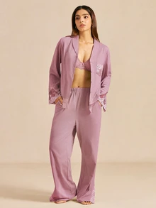 LUVLETTE Fall Soft Pink 100% Pure Cotton Luxurious Lace Trim Button-Up Top & Pants Loungewear Pajama Set For Pyjama Cotton Pajamas Graphic - Pink - View 12