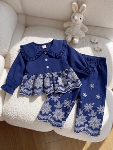 SHEIN Playful Pals 女嬰可愛娃娃風大領口前開襟刺繡下擺鬆緊腰刺繡袖口長袖長褲套裝 春秋款 - 寶藍色 - 查看 1