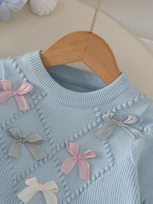 SHEIN 6個月-3歲女嬰鑽石格紋波浪3D蝴蝶結裝飾針織上衣寬腿褲2件套，圓領針織上衣直筒褲嬰幼兒秋冬套裝 - 藍色 - 查看 3