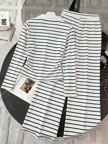 Resyla Women's Autumn/Winter New Hot-Selling Striped Print Pattern Casual Versatile 2 Pieces Set - Multicolor - View 2