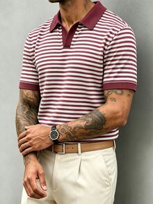 JOLTRO 男士條紋短袖休閒通勤 Polo 衫 - 玫紅色 - 查看 4