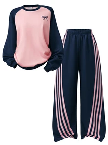 SHEIN Sparklyn Teen Girls Fall Outfits Fall Pink & Burgundy Colorblock Raglan Sleeve Crew Neck Sweatshirt And Side Stripe Wide Leg Sweatpants 2 Pieces Set - Multicolor - View 3