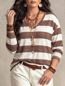 SHEIN Fashion Casual Retro Basic V-Neck White & Coffee Striped Print Plus Size T-Shirt - Multicolor - View 3