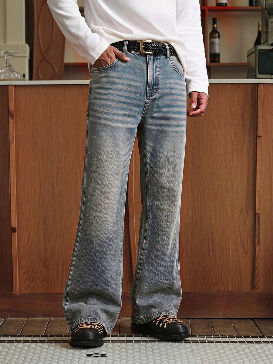 SWAVVY Men's Casual Washed Wide Leg Jeans - Baby Blue - View 1