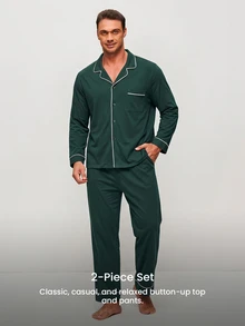 LUVLETTE Plus Size Fall Soft 100% Pure Cotton Sky Blue Basic Long Sleeve Button-Up Top & Pants Pajama Sets For Men Lounge With Pockets Pajamas Graphic - Dark Green - View 8