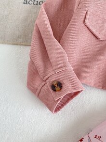 SHEIN Playful Pals 女嬰翻蓋口袋長袖燈芯絨夾克搭配碎花細肩帶洋裝套裝 - 粉色 - 查看 6