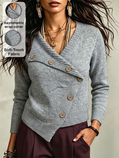 Linhara CURVE Cardigan de malha para mulher plus size, cor lisa, com botão vintage e design de lapela assimétrica, estilo simples e casual para uso diário no outono/inverno, escritório e faculdade