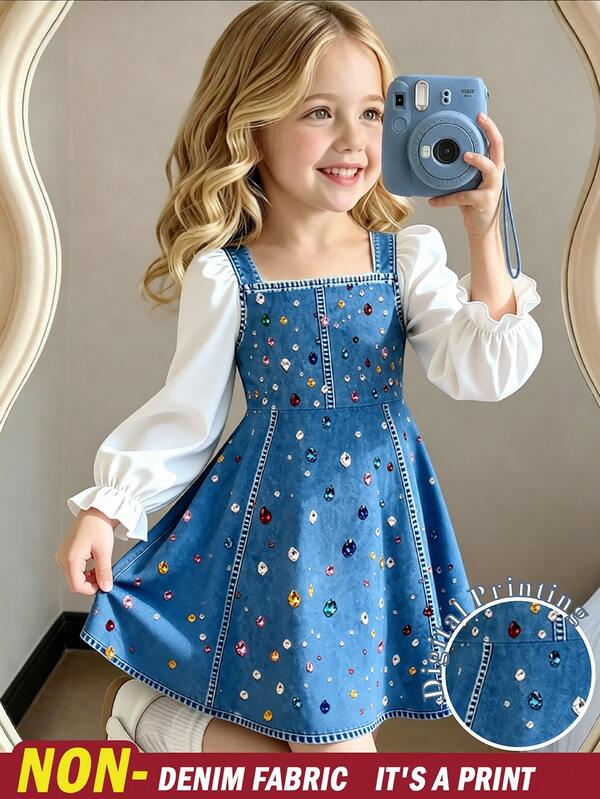 Casuvi Kids Young Girls Puff Sleeve Faux Denim Dress Sparkle Rhinestone Back Zipper Dress