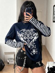 Sparklyn 1件青少年音樂節街頭風基礎哥德龐克條紋拼接 2合1 哥德印花圓領寬鬆長袖T恤 - 彩色 - 查看 1