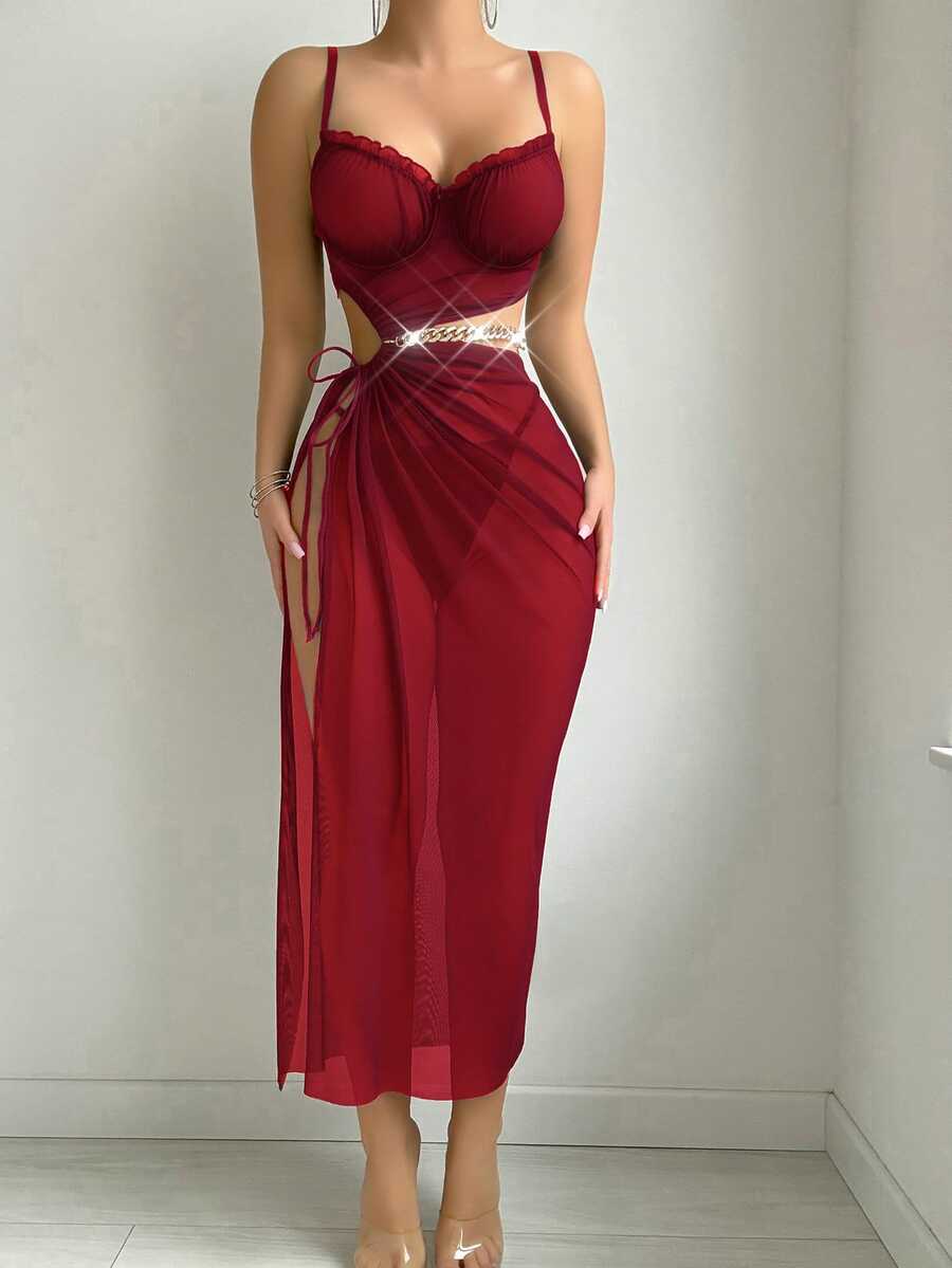 Seduluxe 3pcs Set Party Elegant Slit Cutout Drawstring Slimming Long Dress + Thong + Large Chain Detachable Waist Belt - Burgundy - View 1